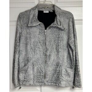CHICO'S WOMEN'S TEXTURED SILVER SNAKE PRINT ZIP FRONT KNIT JACKET SIZE 1